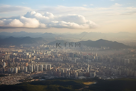 航空公司背景图片_韩国首尔 韩国首尔天际线 从大韩航空公司的飞机上看到的 psmd2898715