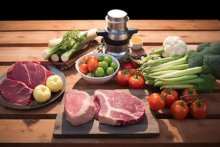 旅行的蔬菜背景图片_桌子上有一些蔬菜香草和肉类