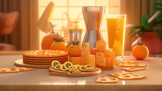 电影卷轴远程 3D 眼镜和配有披萨和橙汁的奖牌的插图