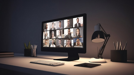 办公室背景图片_电脑屏幕描绘 3D 自由在线视频通话概念
