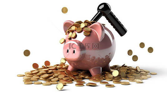 3D 插图：一把锤子在白色背景上打碎装满硬币的存钱罐，描绘了金融危机