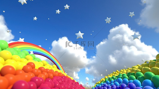 蓝天与 3d 卡通彩虹星星和蓬松的白云一起流行