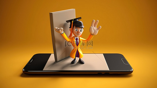 从手机屏幕上呈现文凭的卡通手的 3D 插图