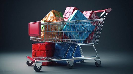 网上购物购物车装满袋子礼物和衣服 3d