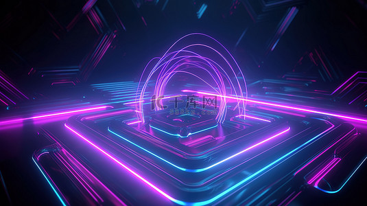 紫色赛博朋克背景图片_带有紫色和蓝色霓虹灯的抽象几何背景未来派 3D 插图