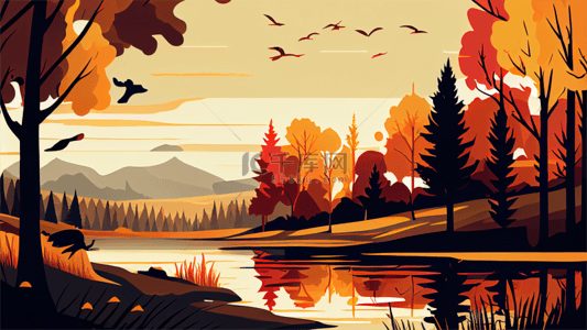 秋季山河插画背景