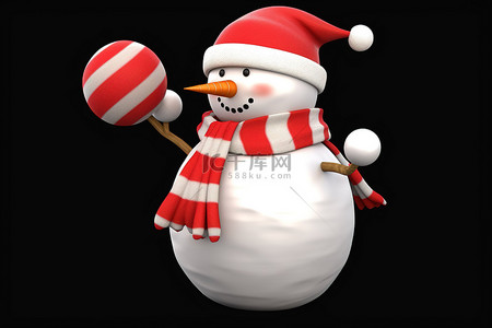 卡通透明背景背景图片_圣诞卡通白色雪人，戴着红围巾，透明背景上有红球