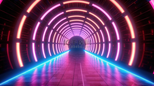 高清光圈背景图片_几何 3D 设计的未来隧道，充满活力的霓虹灯
