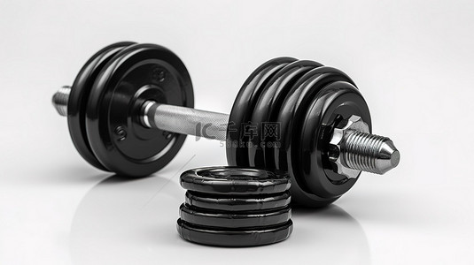 健身和运动器材 3D 渲染黑色金属哑铃，白色背景上有重量