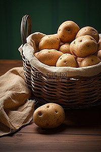 土豆泥拌粉背景图片_木桌上篮子里的土豆