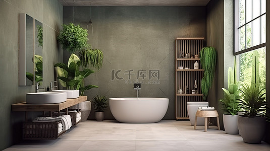 水泥桶背景图片_绿色和水泥设计的当代阁楼浴室的 3D 渲染