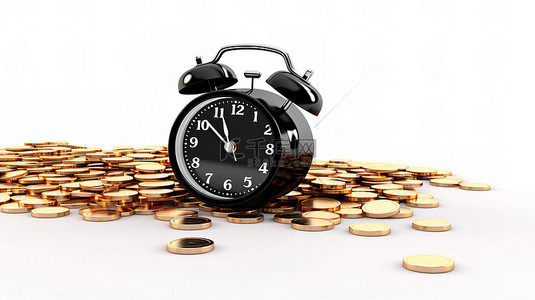 老式黑色闹钟和白色背景上成堆的英镑硬币表明时间是有价值的 3D 设计