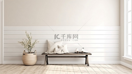 墙背景图片_农舍入口木凳的 3D 渲染与白色搭叠墙内部模型