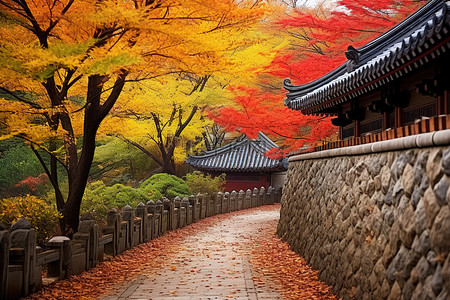 秋天旅游背景图片_韩国 秋天的落叶 秋天的路