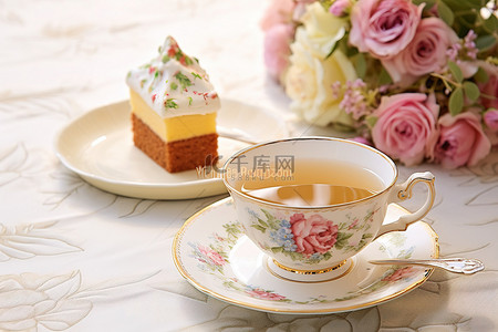 桌上有蛋糕和鲜花的茶杯
