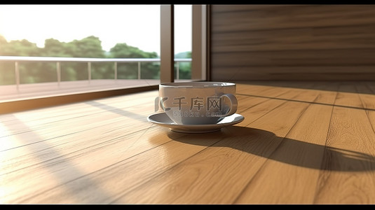 拿铁茶背景图片_木地板与 3D 渲染的咖啡杯
