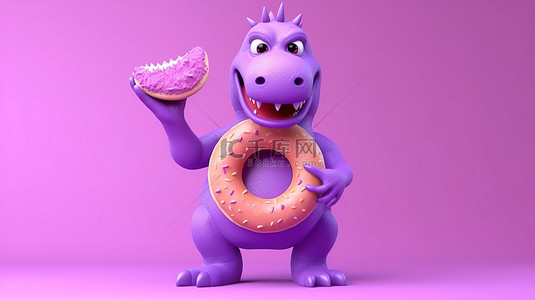 有趣的 3D 紫色恐龙，带有标志和美味的甜甜圈