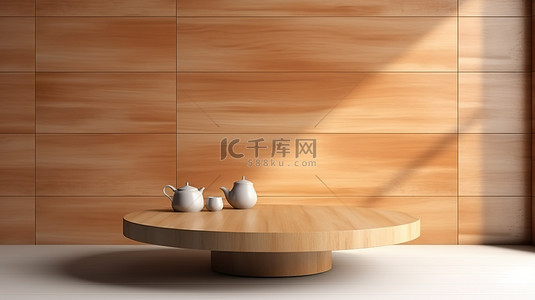 产品促销海报促销背景图片_光滑的陶瓷墙背景和空木桌完美的产品促销设置 3D 插图