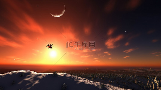 雪花夜背景图片_3d 圣诞老人在风景秀丽的日落湿透的天空中翱翔