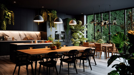 家庭树关系图背景图片_现代 3D 渲染的用餐空间厨房内部装饰着郁郁葱葱的绿色植物和夜间照明