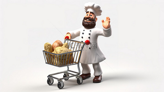 卡通商店背景图片_厨师推购物车的孤立 3D 插图，其中包括剪切路径