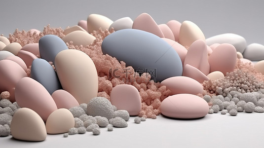 白色背景下 3D 渲染中的豪华粉彩砾石和抽象几何形状