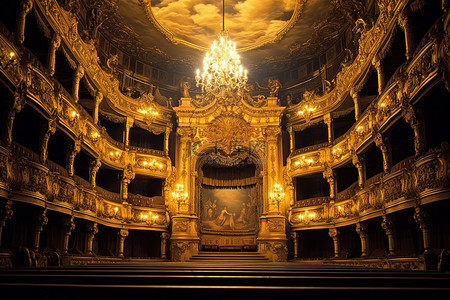 令人印象深刻的金色装饰歌剧院在夜间被照亮
