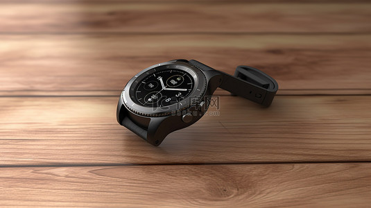 现代黑色智能手表，表带位于 3D 渲染的木桌上