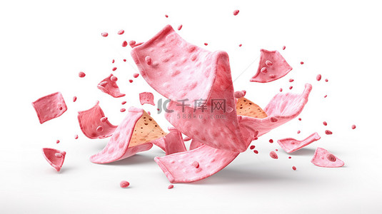 白色背景上孤立的飞行粉色草莓奶片的 3D 插图