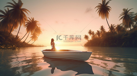 日落宁静，一个 3d 女人在热带风景中的船上放松
