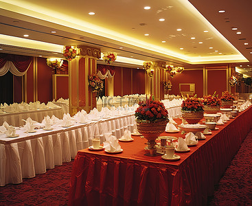 宴会厅背景图片_酒店的宴会厅用红白相间的布装饰