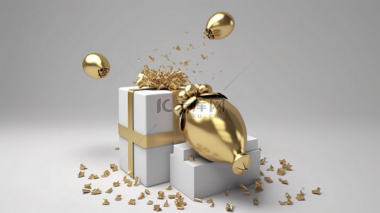 金色圣诞礼物背景图片_金丝带装饰的白色礼品盒在 3D 渲染中爆炸