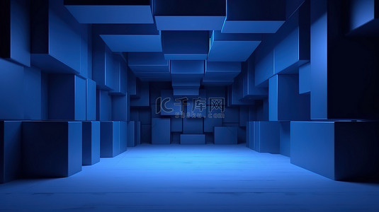 现代夜蓝色抽象背景 3D 渲染中的空房间