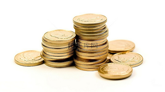 金币金色背景图片_白色背景与孤立的金色美元硬币现金和汇款的 3D 渲染概念