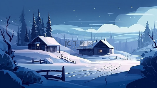 红包积雪背景图片_冬季小屋雪景插画背景