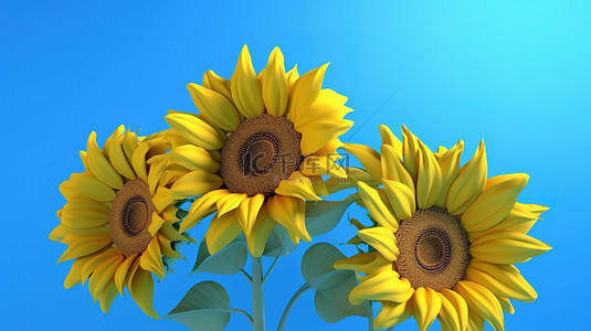 太阳花背景图片_蓝色背景下的向日葵 3d 渲染
