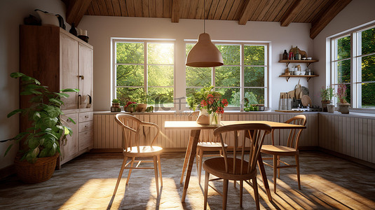 阳光墙壁桌子背景图片_斯堪的纳维亚农舍灵感的木制厨房桌子，带有阳光，迷人的 3D 渲染