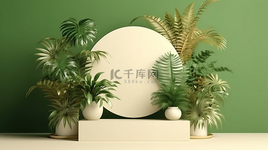 房间号导向牌背景图片_带框架背景的装饰植物和讲台展示的 3D 渲染