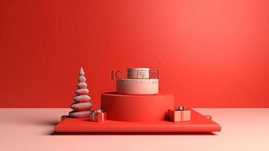 充满活力的红色背景上的松树和礼品盒的节日讲台 3D 插图
