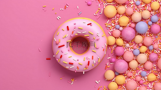 粉红色背景甜甜圈横幅与结冰的顶视图 3D 渲染