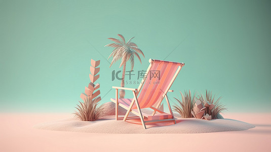 海报背景暑假背景图片_夏季度假氛围的简约风格 3D 渲染，以沙滩椅和元素为特色