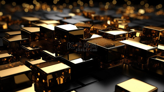 复古几何边框背景图片_3D 插图中精致的黑色元素和闪闪发光的金色条