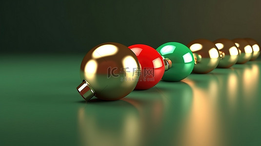 绿色浅绿色背景背景图片_浅绿色背景上金红色和绿色的 3D 渲染几何圣诞装饰品
