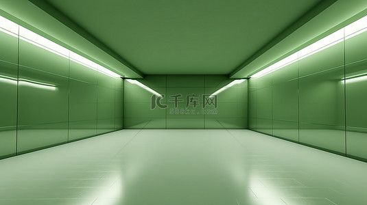 3D 渲染的当代房间，绿色的墙壁和光滑的地板完全中性