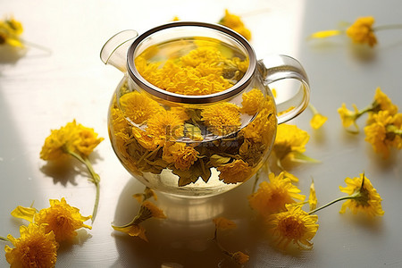 黄色的花朵坐在茶杯下面