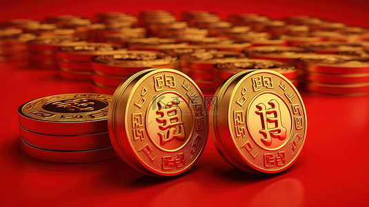 中国元宝锭和 3D 金币在充满活力的红色背景下用于商业或假日概念