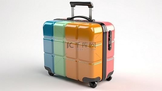 充满活力的旅行行李箱在 3D 渲染彩色手提箱在白色背景