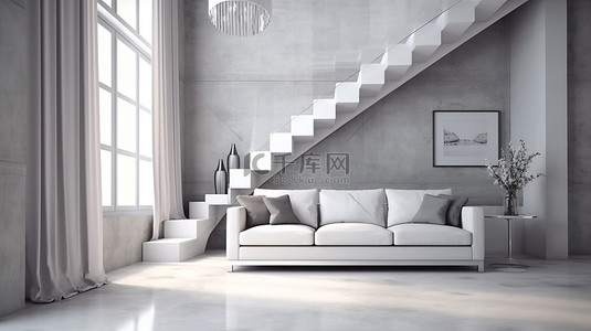 时尚的沙发位于现代大堂，毗邻通往上层的 3D 楼梯