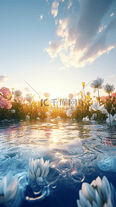 花卉植物装饰画背景图片_蓝天白云大海花卉植物光效梦幻广告背景