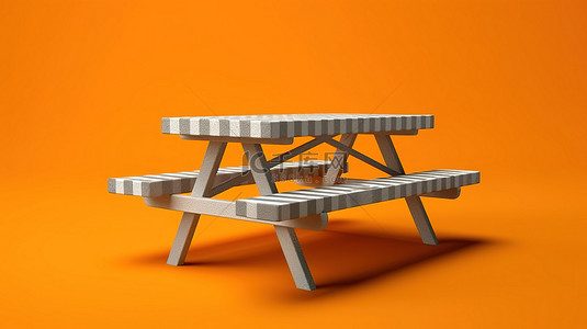 带有单色野餐桌的橙色背景的 3D 渲染